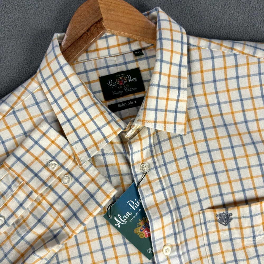 Alan‎ Paine Shirt Mens 2XL Beige Window Pane Check Ilkey Quiet Luxury Crest New